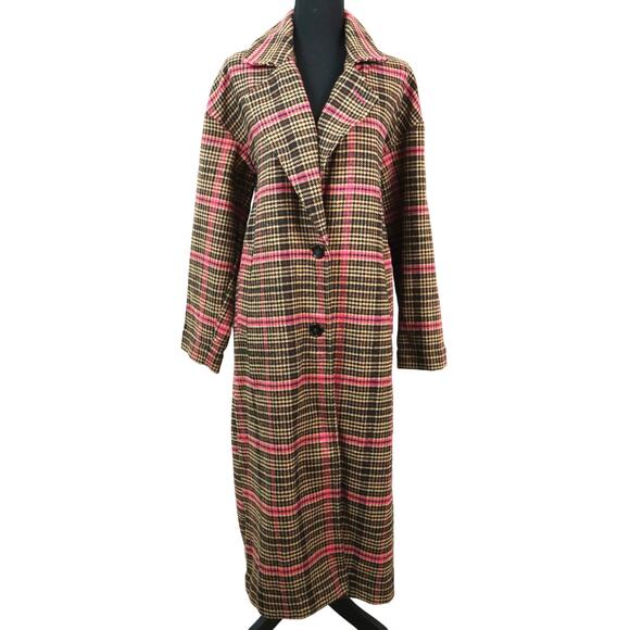 Wild Fable Brown Pink Herringbone Plaid Longline Trench Coat Wool Blend Women XL - Picture 1 of 8